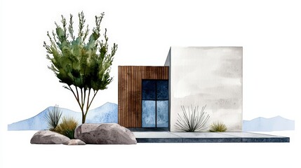 A modern architectural design featuring a minimalist house with natural elements and landscaping, perfect for contemporary aesthetics.