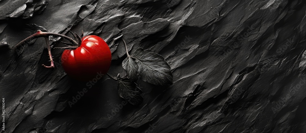 Poster vibrant red tomato on vine positioned left against a textured dark background creating a striking co