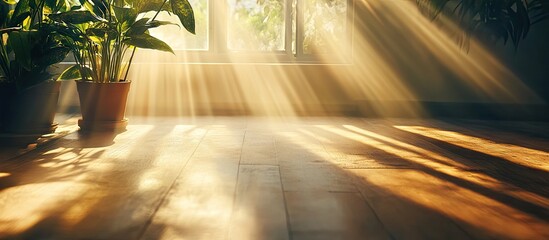 Warm sunlight streams through a window, casting gentle shadows on a wooden floor, with a potted plant positioned to the left, evoking tranquility.
