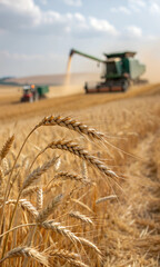 The image shows a close-up of a wheat field with a combine harvester working in the background.
