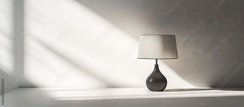 Poster contemporary table lamp in muted gray positioned left against pristine white background with soft sh