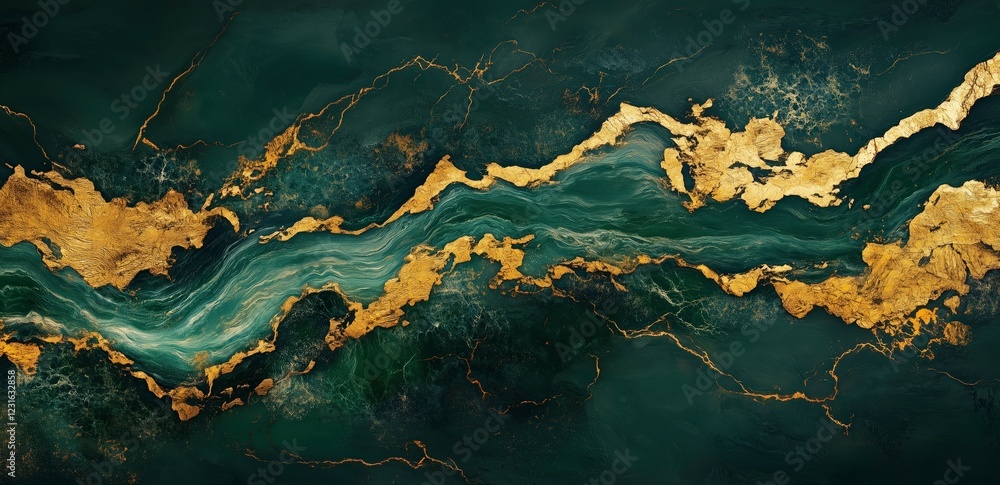 Poster emerald and gold abstract: luxurious swirls of deep teal and shimmering gold create an opulent abstr