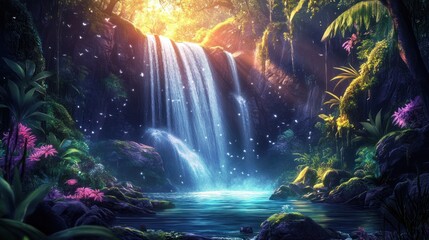 Tropical waterfall sunset jungle fantasy background