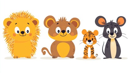 Obraz premium Cute animals cartoon illustration; hedgehog, monkey, tiger, mouse; white background; children's book