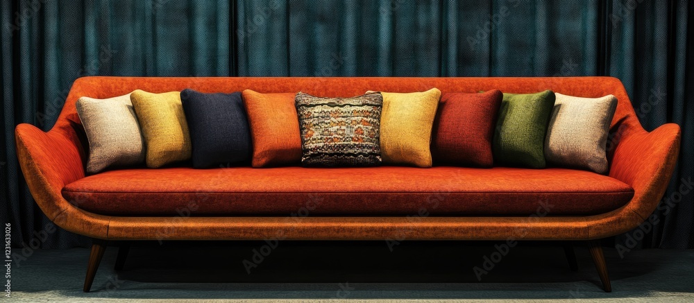 Poster stylish orange modern sofa with colorful vibrant pillows arranged symmetrically creating an inviting