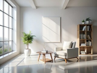 Tranquil Minimalist Space: White Room with Canvas, Armchair, and Books