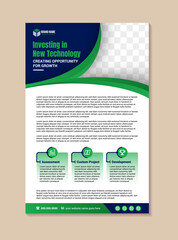 investing the new technology annual report brochure flyer design template vector, Leaflet cover presentation abstract geometric background, layout in A4 size, green and blue color on elements