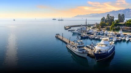 Fototapeta premium Serene marina at sunset with boats docked, mountains in background, and calm waters