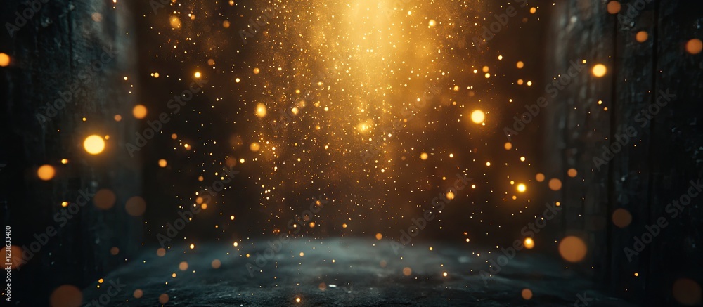 Poster illuminated golden particles swirl in a dark mystical setting creating a captivating ambiance with s