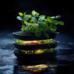 A modern, layered plant display showcasing vibrant green leaves, set against a softly illuminated backdrop. Ideal for nature enthusiasts.