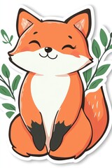 Fototapeta premium Happy fox sitting amidst leaves; children's book illustration