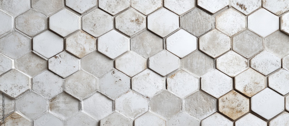 Poster hexagonal white and grey mosaic tiles arranged in a staggered pattern with varying textures and subt