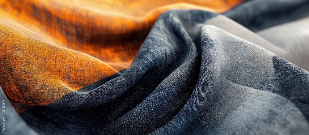 Poster a close-up of layered aerospace textiles featuring vibrant orange, gray, and deep blue hues that hig