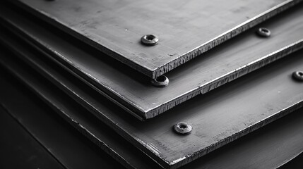 Close-Up of Riveted Steel Plates Stacked at an Angle for Industrial Use