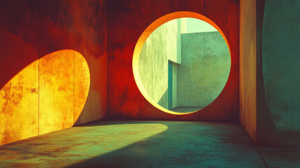 Abstract architectural interior with warm and cool tones. Circular window reveals a glimpse of another space.  Sunlit concrete walls create a dramatic contrast.