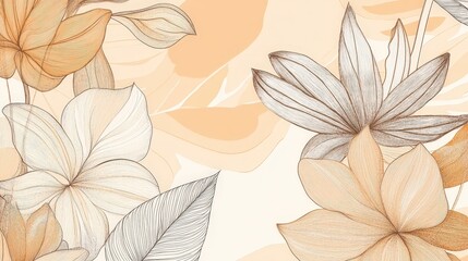Earthy Floral Embrace: Delicate botanical illustration in beige and gray tones, featuring stylized flowers and leaves, creating a serene and sophisticated aesthetic. 