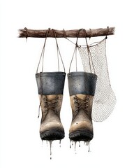 A pair of worn fishing boots hanging on a rustic hook, emphasizing outdoor adventures and a love for fishing.