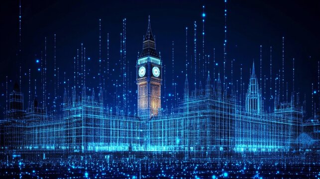 Digital Houses of Parliament, London Blue Network Representation of UK Government and Democracy - Powered by Adobe
