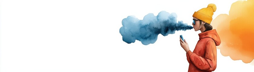 A person in a vibrant orange jacket exhaling colorful smoke while using a vape, creating a striking visual against a white background.