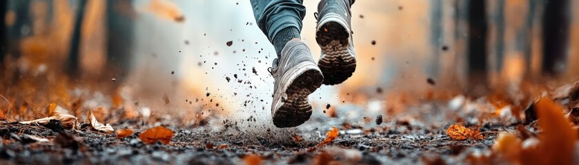 A person running through a vibrant autumn forest, kicking up leaves and dirt, embodying energy and movement in nature.
