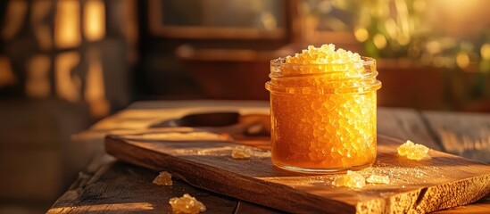 Stylish jar of natural healthy sugar on rustic wooden board with golden sugar crystals scattered around, warm sunlight illuminating the scene