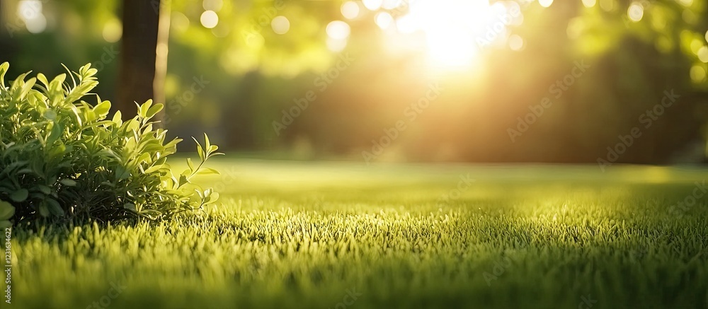 Poster serene park scene with lush green grass in the foreground blurred foliage shrubs and trees illuminat