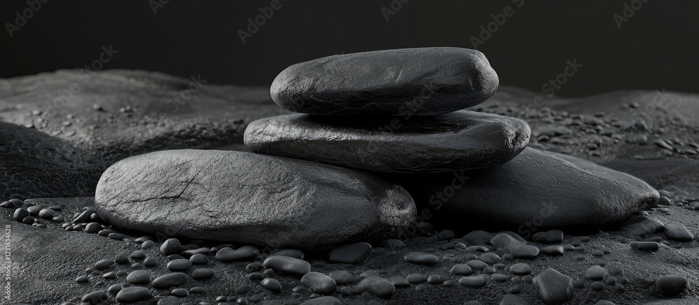 Poster dark etch black stones in a stacked arrangement on a textured surface creating a minimalist natural 