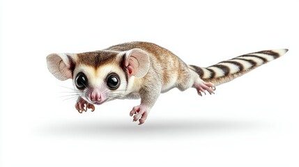 A playful sugar glider in mid-air, showcasing its charming features and agile abilities against a clean white background.