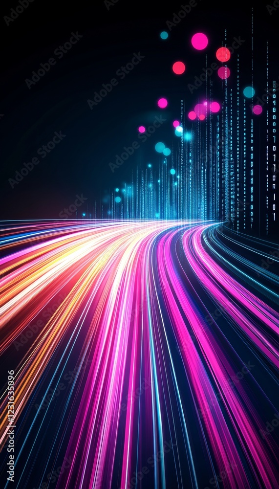 Poster vibrant financial data stream, flowing lines of light, dynamic growth and progress visualization