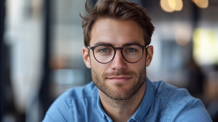 Confident man in glasses, cafe background, portrait for website