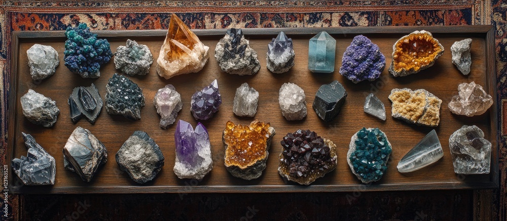 Poster colorful display of various minerals and crystals arranged on a wooden surface with intricate patter