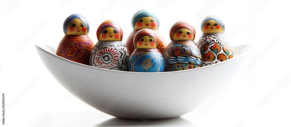 Wall mural Colorful nesting dolls arranged neatly in a white bowl on a bright white background, showcasing intricate details and vibrant patterns of dolls.