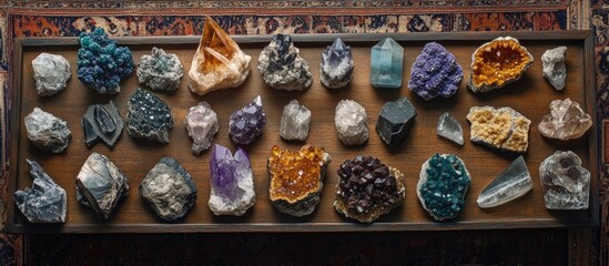 Fototapeta premium Colorful display of various minerals and crystals arranged on a wooden surface with intricate patterns in the background showcasing rich textures.