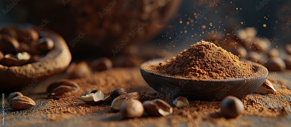 Poster ground nutmeg and spices in a wooden bowl placed on a rustic table with scattered spices and a blurr