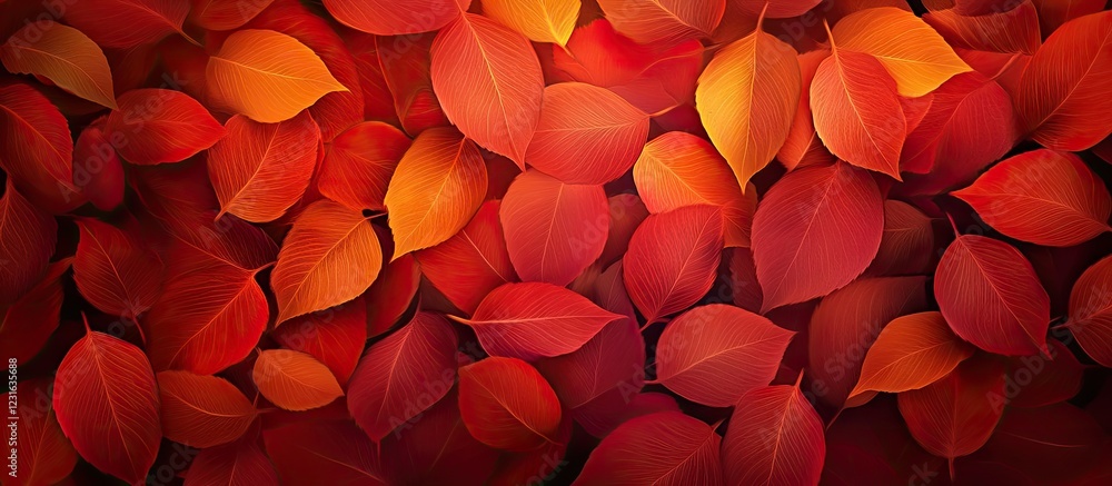 Poster vibrant autumn leaves in shades of red and orange create a textured background with overlapping foli
