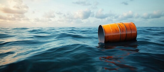 Obraz premium Rusty orange oil barrel floating in deep blue ocean waters under a cloudy sky, illustrating environmental pollution and marine safety concerns.