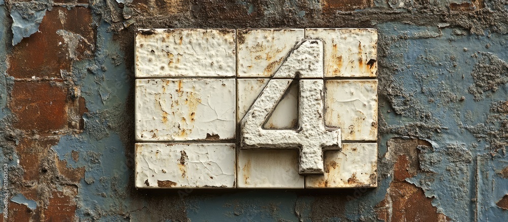 Poster white number 4 on rustic textured wall with blue and orange tones creating a charming aesthetic with