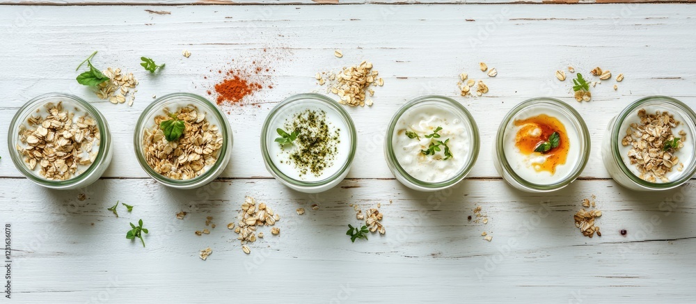 Poster oat granola layered with yogurt in glass jars displayed on a rustic white wooden table with fresh he