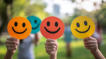 People holding smiley face paper cutouts, smiling emojis, bright color palette, outdoor park setting