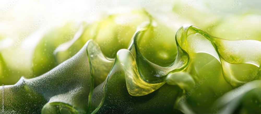 Poster macro shot of vibrant green algae with smooth wavy textures illuminated by soft light emphasizing na