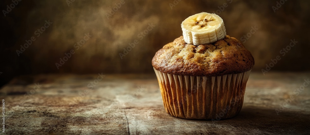 Poster delicious banana muffin topped with a banana slice on a textured rustic background in warm brown and