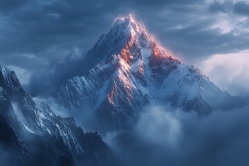 Stunning view of a snow-covered mountain peak glowing in the sunrise, surrounded by clouds in a tranquil natural setting.