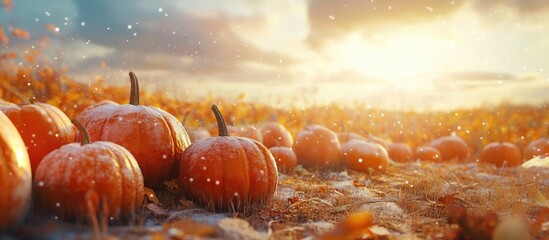 Golden autumn sunset over a field of vibrant orange pumpkins with soft sunlight, gentle breeze, and floating leaves in the foreground.