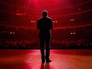 Fototapeta premium Silhouette of a Speaker on Stage Under Dramatic Red Lighting in Front of Engaged Audience