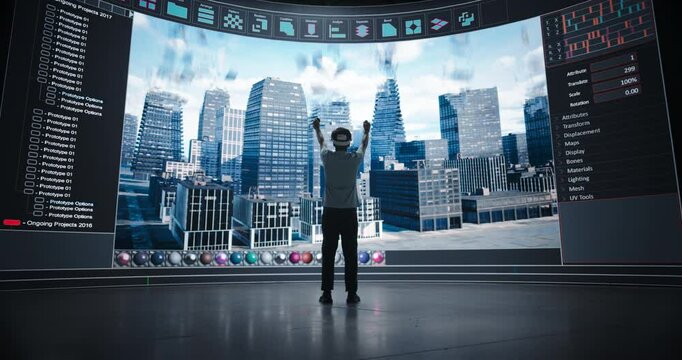 Visionary Architect, Immersed in Virtual Reality Software, Designs a Sustainable Eco-City. Massive LED Screen Displays the Evolving Metropolis Cityscape, Reflecting the Artistic Vision