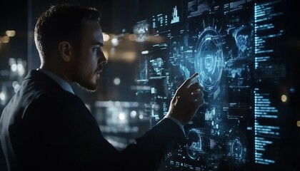 Man Interacting with Futuristic Holographic Interface