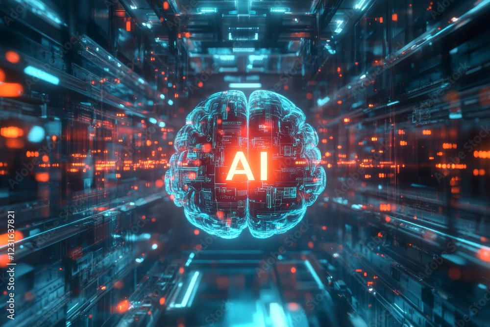 Poster futuristic illustration of glowing digital brain with interconnected artificial intelligence neural 