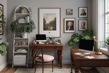 Luxury living room in an old house with wooden furniture, sofa, and table, featuring elegant interior design and a large window, showcasing a cozy yet sophisticated atmosphere