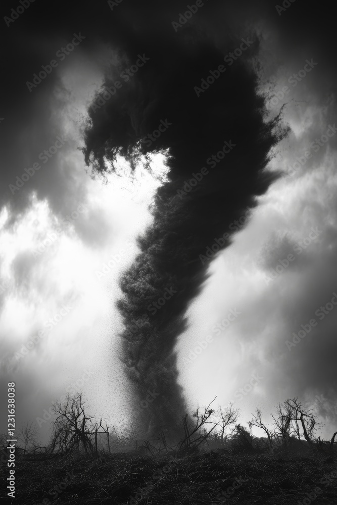 Poster a black and white photo of a tornado with a question mark on it. scene is ominous and foreboding