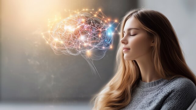 A young woman meditating with a glowing digital brain hologram, symbolizing artificial intelligence, mindfulness, and mental health. Futuristic and conceptual representation. Generative AI.